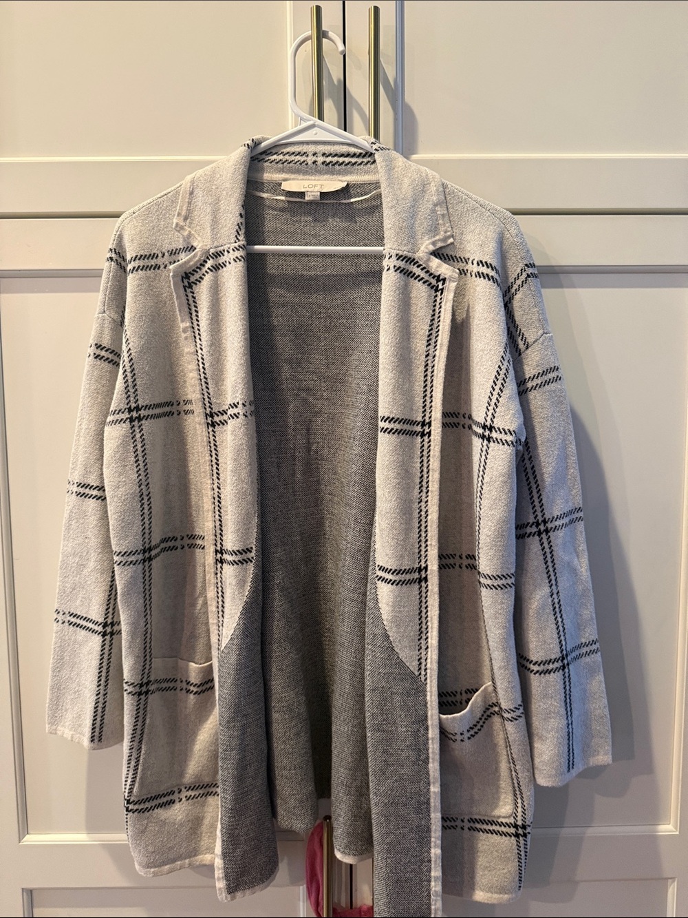 Light Gray Plaid Open-Front Women's windowpane Cardigan Sweater large 💯 cotton